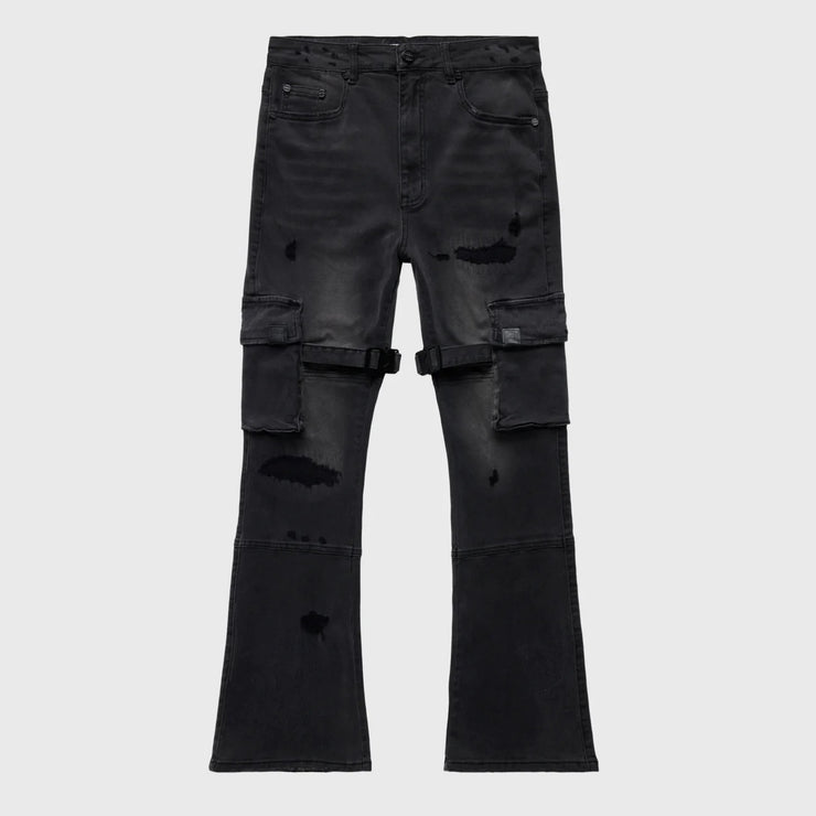 DISTRESSED STRAP CARGO FLARE DENIM BLACK HOMME FEMME