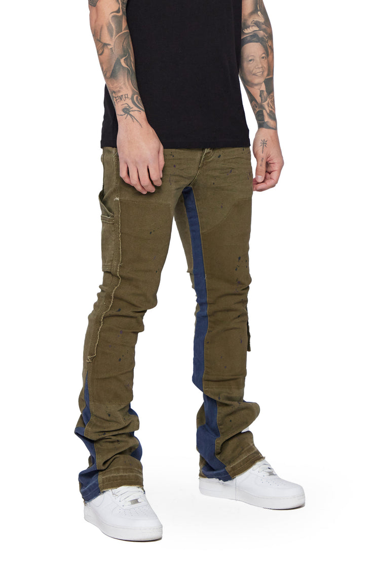 "ALPHA" OLIVE BLUE STACKED FLARE JEAN by VALABASAS