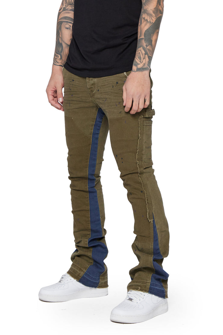 "ALPHA" OLIVE BLUE STACKED FLARE JEAN by VALABASAS